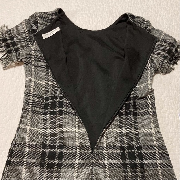 Amanda Uprichard Black and Gray Tweed Sheath Midi Dress | Short Sleeves | Fringe - Picture 12 of 12